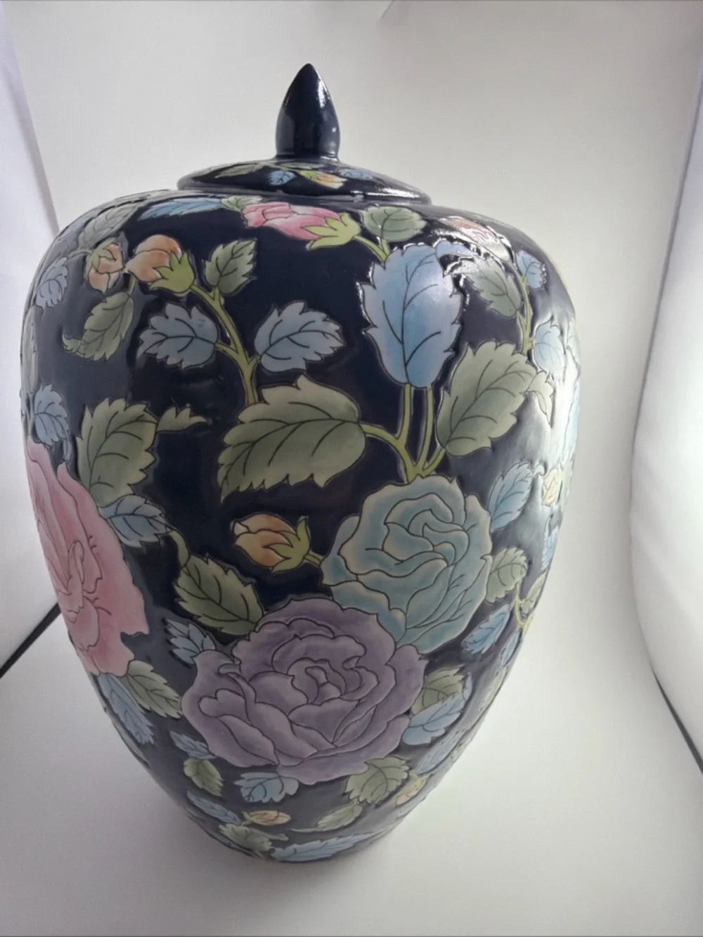 Vintage Chinese Ginger Jar with Lid Chinoiserie Flowers Large 12”
